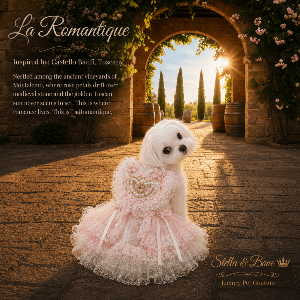 A small dog modeling the back of La Romantique in Tuscany, Italy. Pink lace gown with pearl heart for dogs and cats