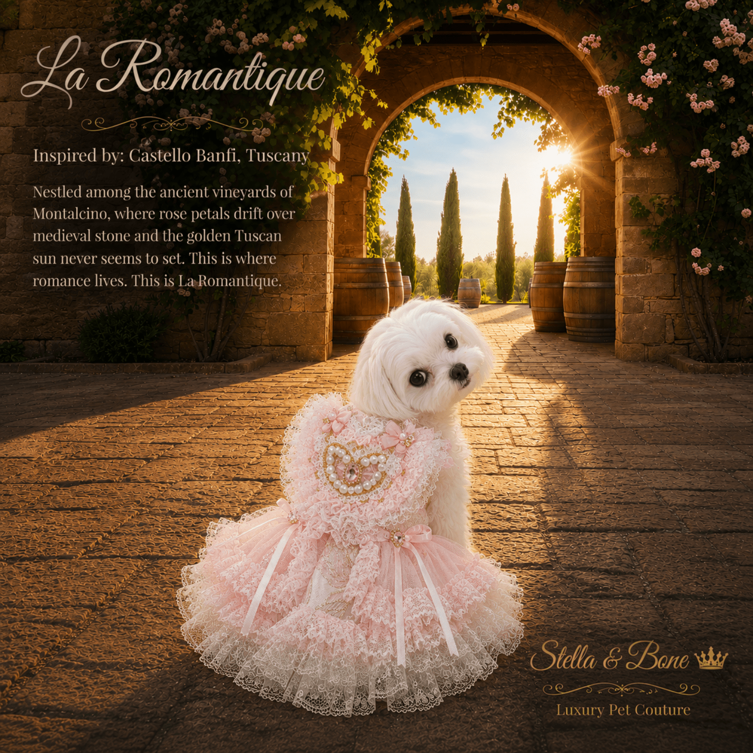 A small dog modeling the back of La Romantique in Tuscany, Italy. Pink lace gown with pearl heart for dogs and cats