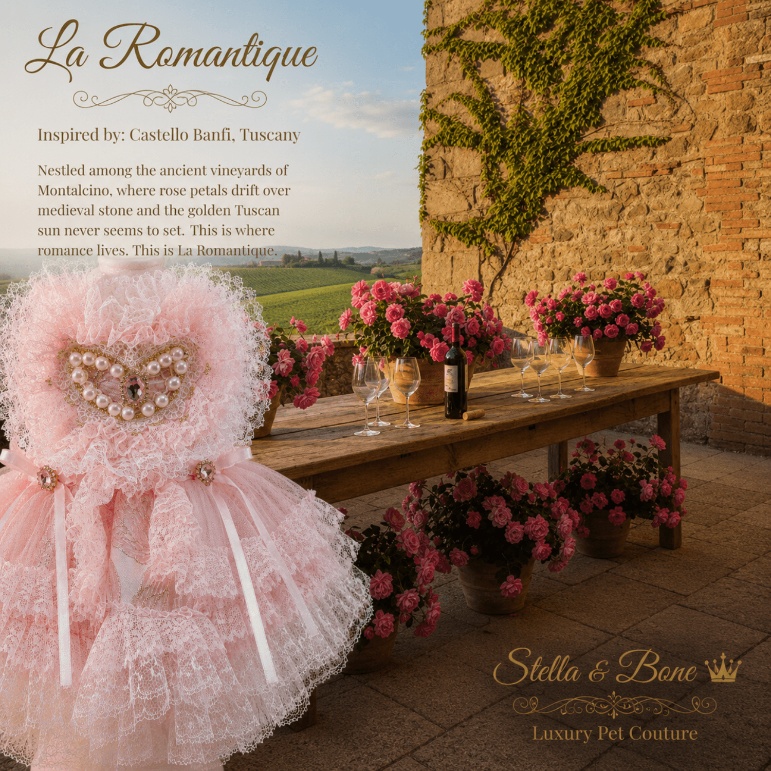 Gorgeous detail on La Romantique overlooking a ledge in Tuscany. Pink lace gown for dogs and cats. Great for celebrations.