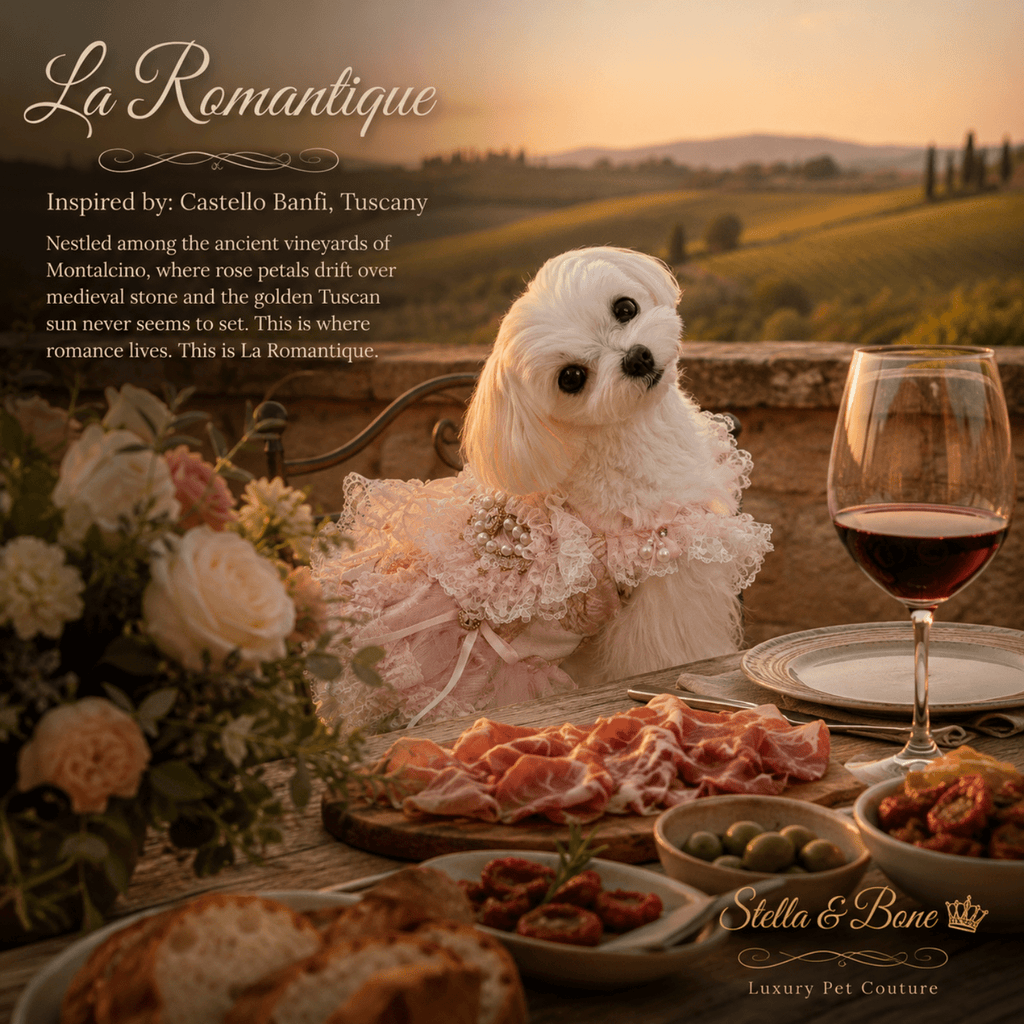 A small dog modeling La Romantique, pink lace, pearl gown in a Tuscany scene. Perfect couture for weddings and birthdays.