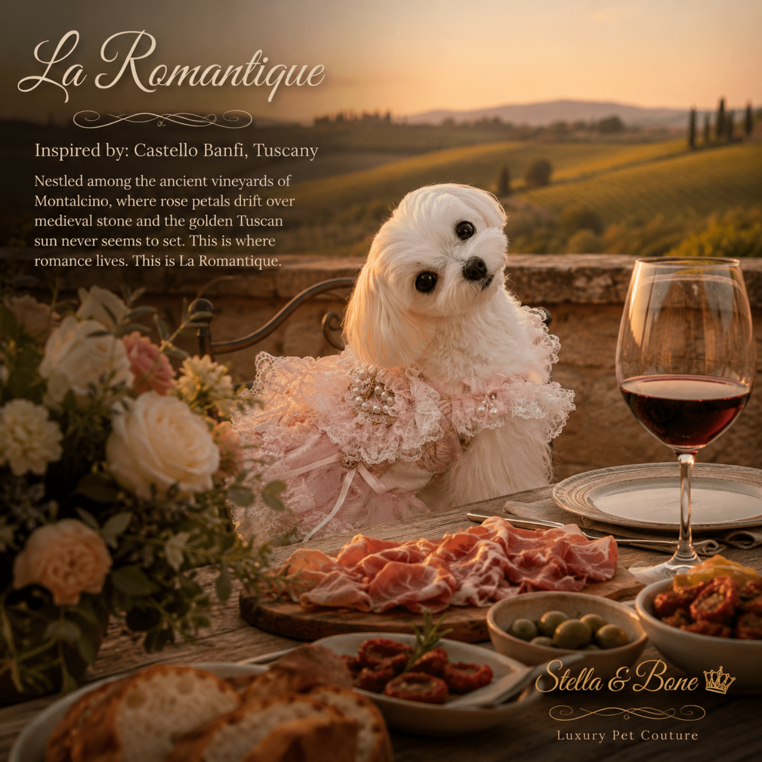 A small dog modeling La Romantique, pink lace, pearl gown in a Tuscany scene. Perfect couture for weddings and birthdays.