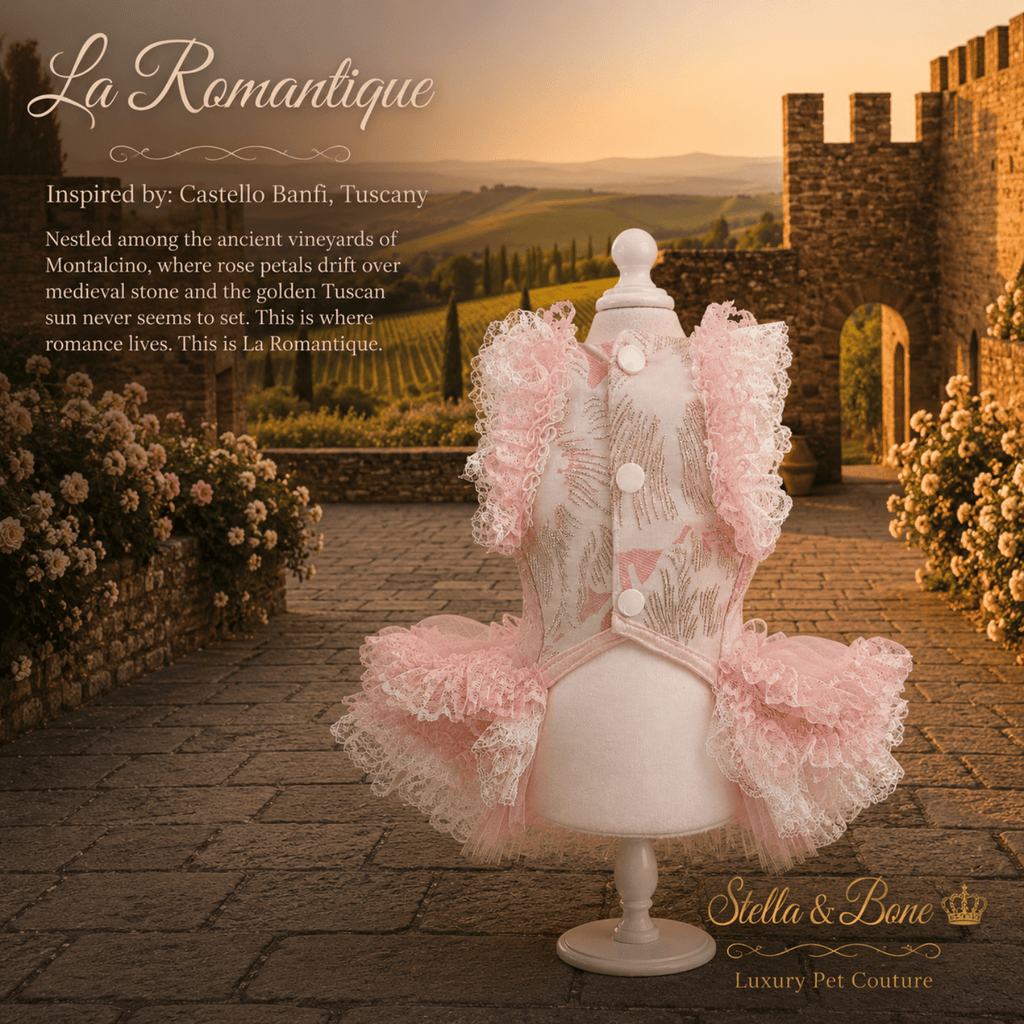 The back of La Romantique on a mannequin in Tuscany, Italy. A pink lace, pearl gown perfect for weddings and celebrations.