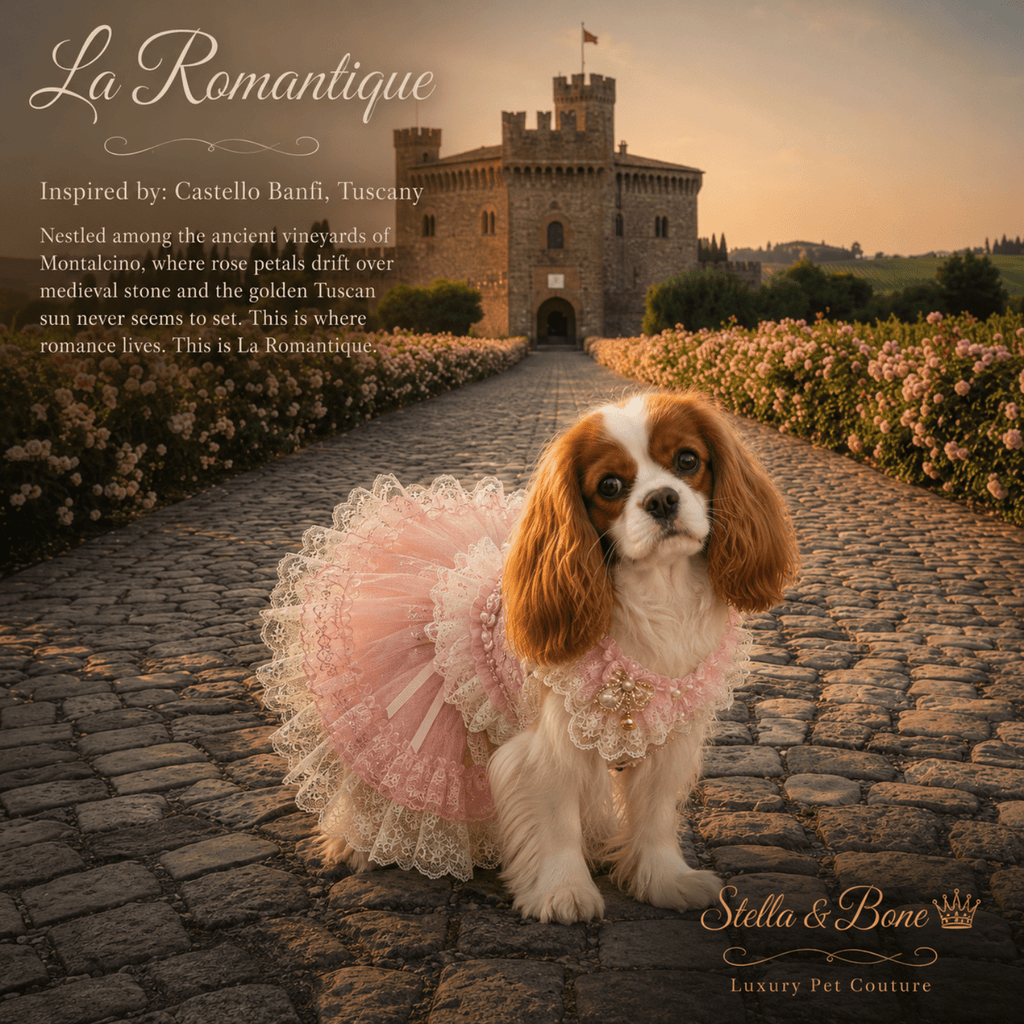 A King Charles wearing La Romantique in Tuscany, Italy. Perfect for celebrations - weddings, birthday, photo shoot.