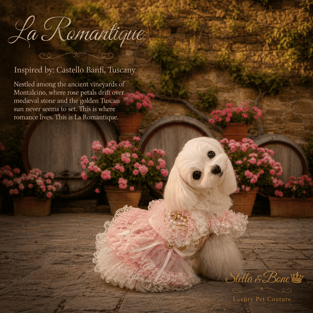 A small dog wearing La Romantique in the captivating region of Tuscany. Pink Lace Pearl gown with pearl heart. Weddings