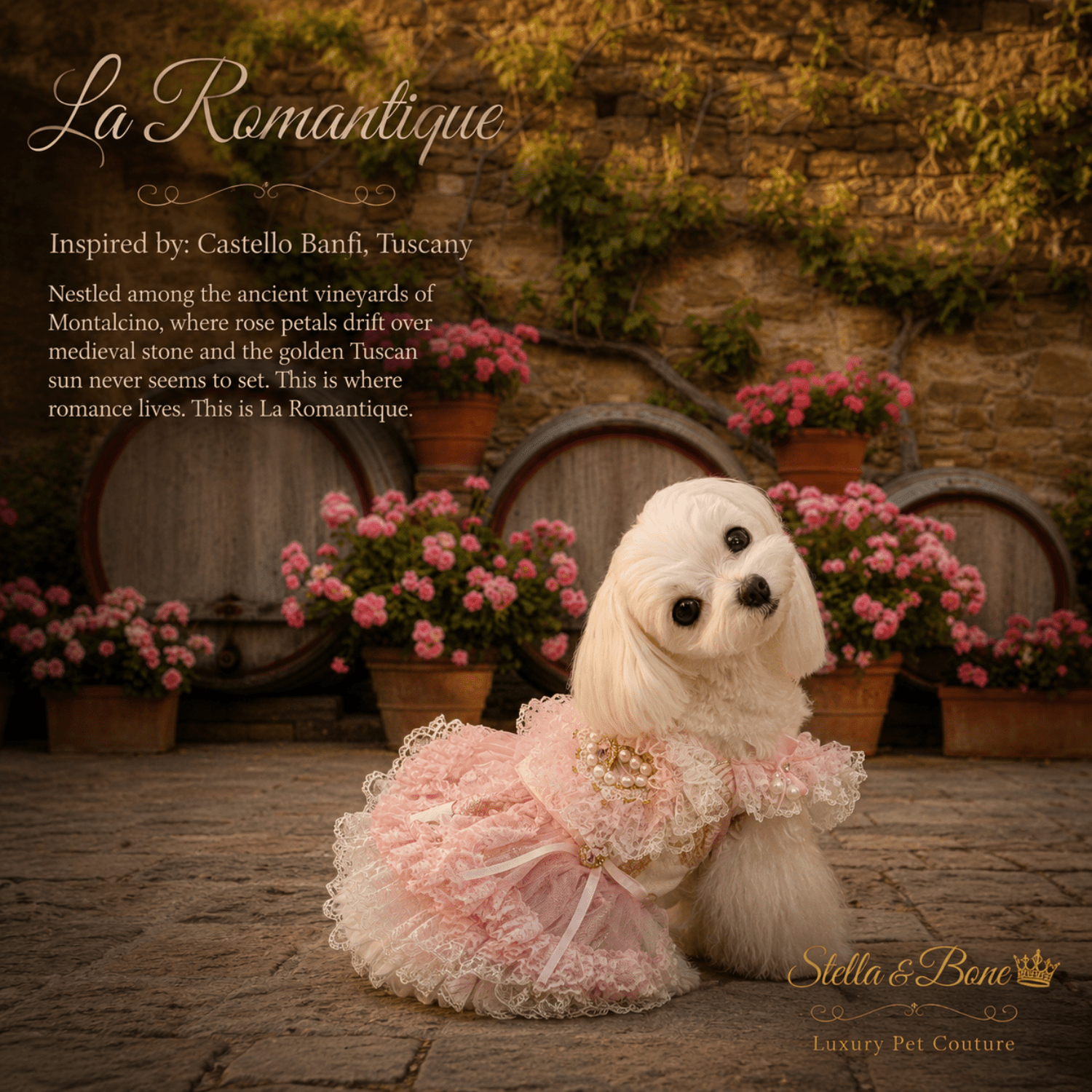 A small dog wearing La Romantique in the captivating region of Tuscany. Pink Lace Pearl gown with pearl heart. Weddings