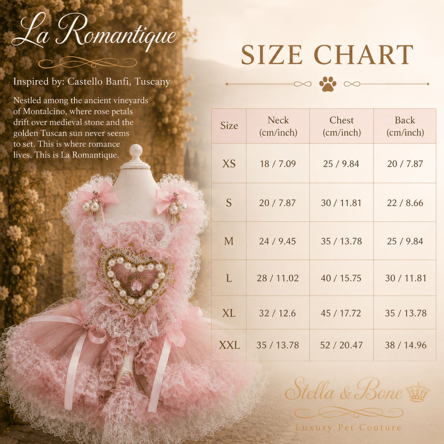 La Romantique size chart for dogs and cats. Great for all celebrations - weddings, birthday, photo shoot.