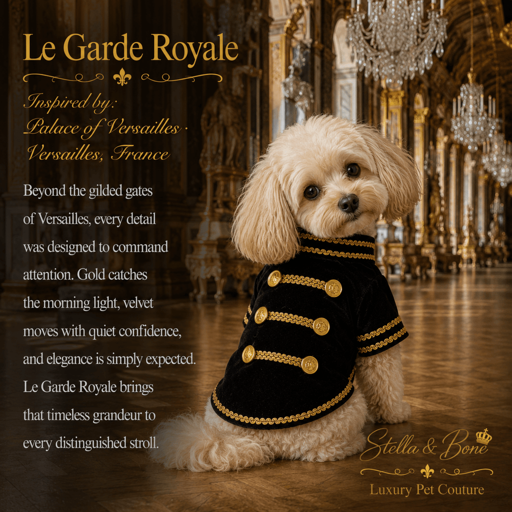 Small dog wearing Le Garde Royale, a black military-style coat with gold trim buttons in ornate Versailles-style interior.