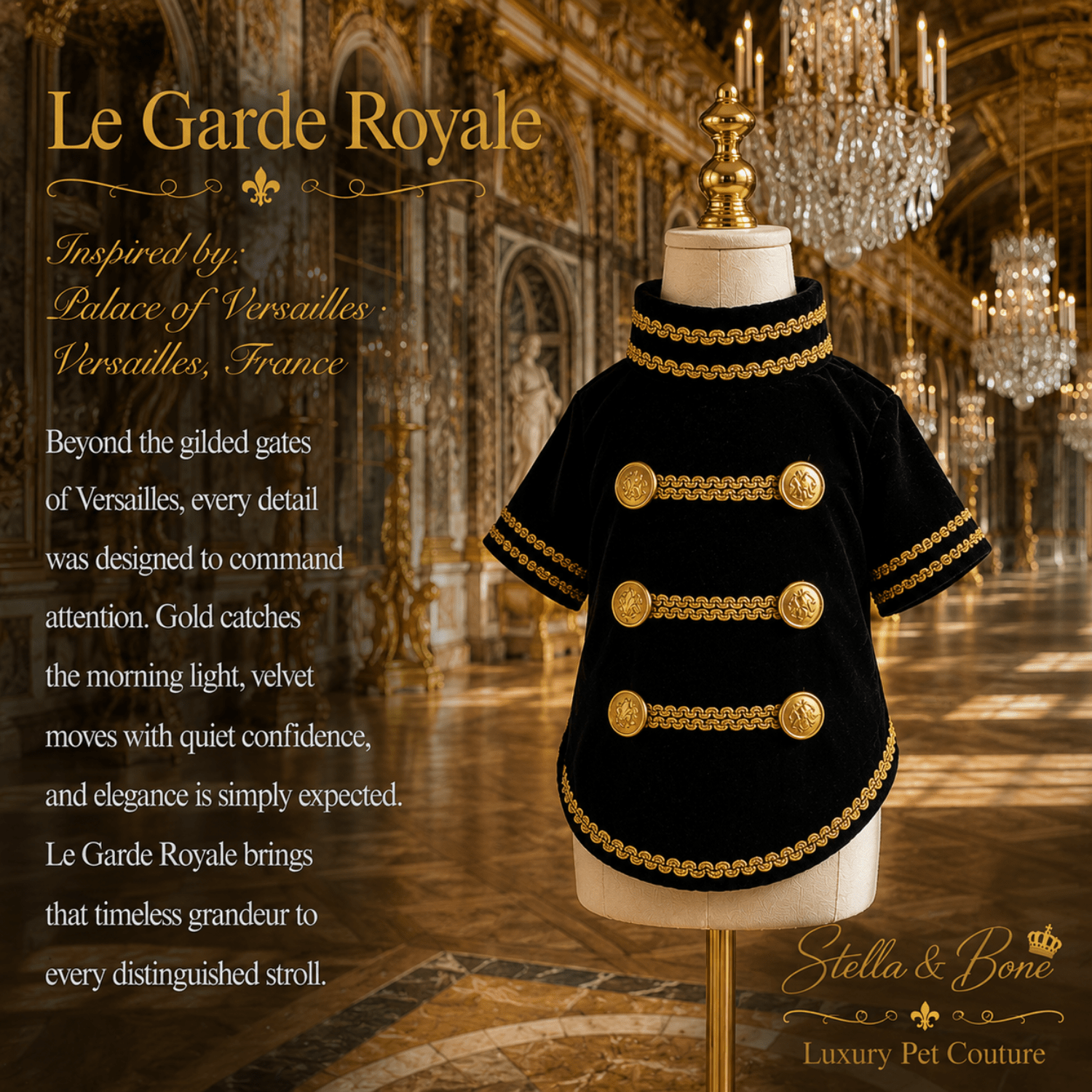 A black velvet short-sleeve pet coat, Le Garde with gold embroidery, gold chain-like trim, perfect for weddings, photoshoots