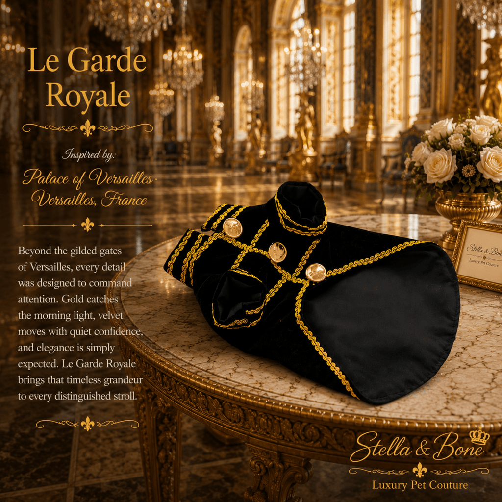 A black velvet luxury pet coat, Le Garde Royale gold trim & decorative gold buttons, inspired by Versailles, France.
