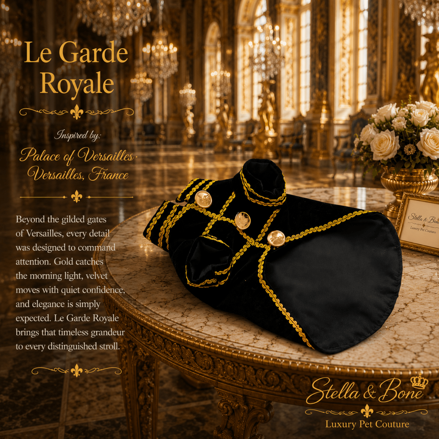 A black velvet luxury pet coat, Le Garde Royale gold trim & decorative gold buttons, inspired by Versailles, France.