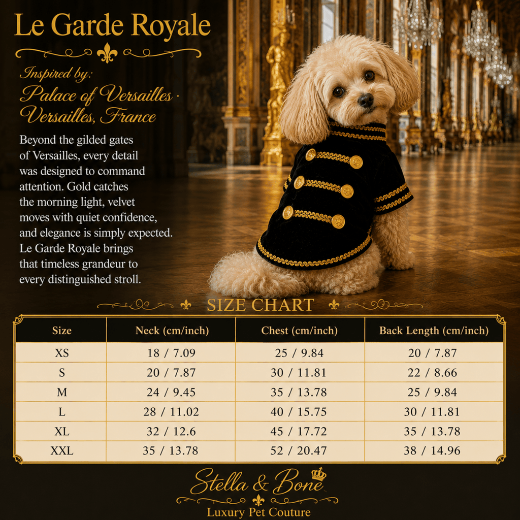 A size chart for Le Garde Royale, featuring a dog wearing a black and gold military-style coat in an ornate palace interior.