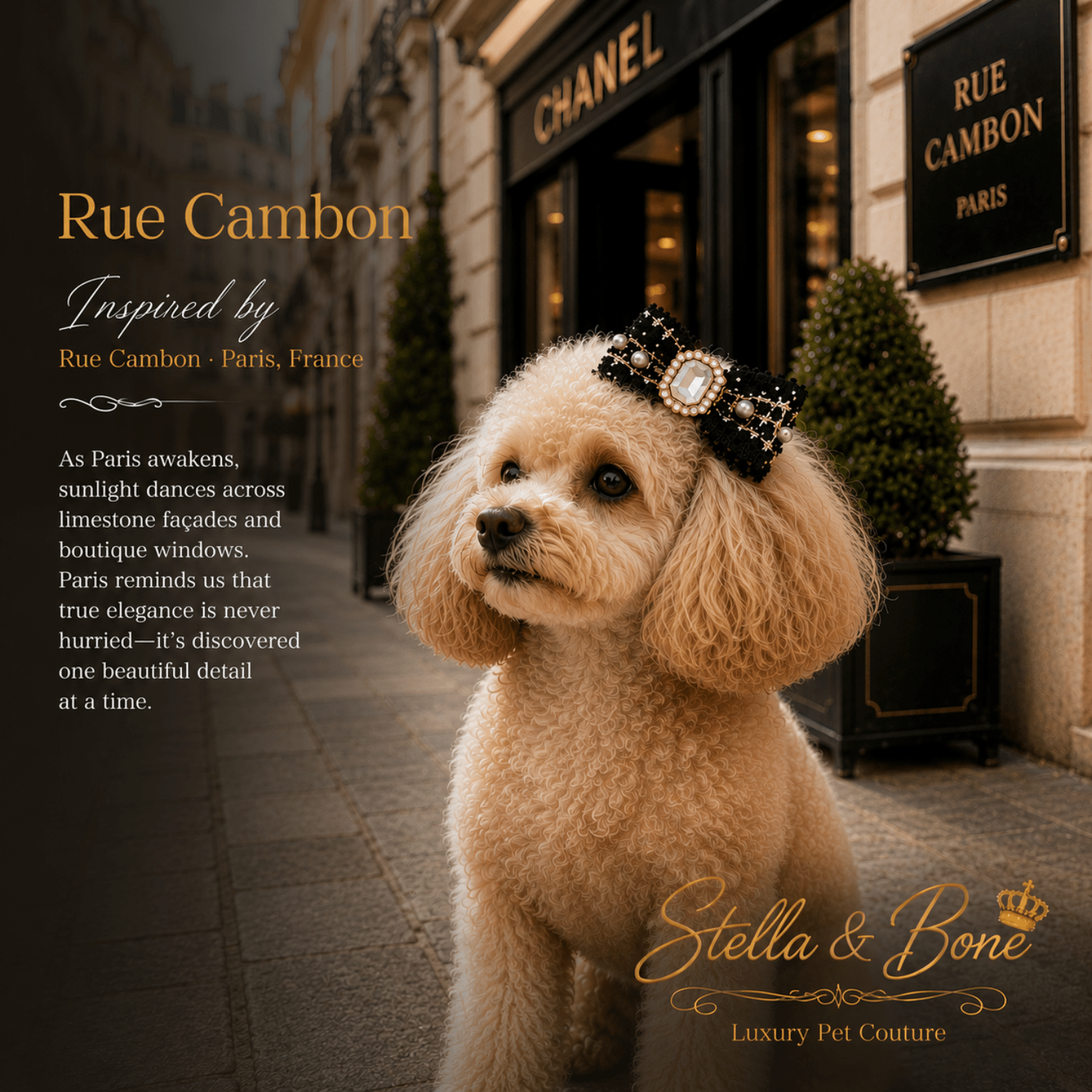 Dog wearing Rue Cambon, tweed and pearl bow barrette in a Parisian setting. Perfect for weddings, any special occasion