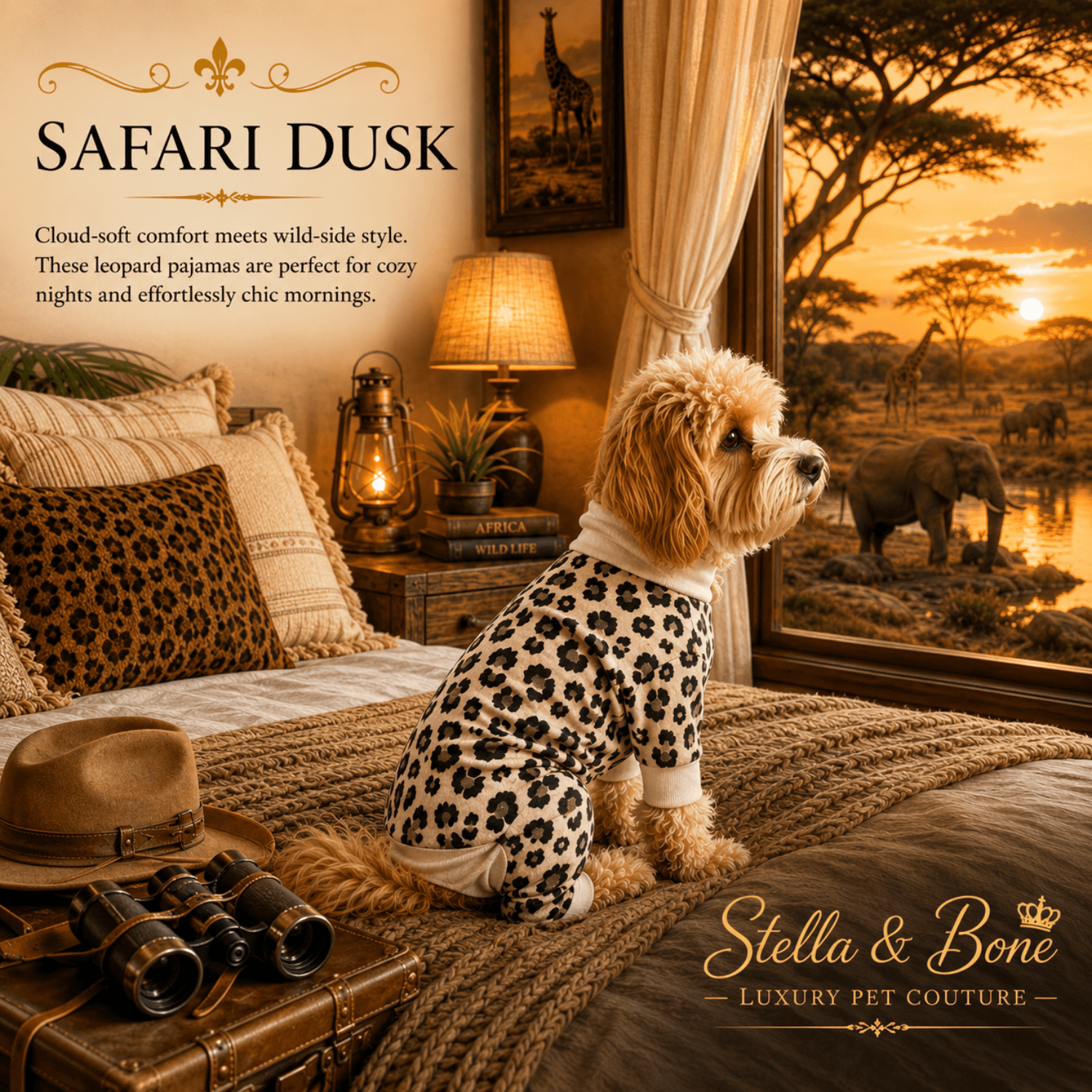 Goldendoodle in Safari Dusk leopard print dog pajamas on safari lodge bed with African savanna view