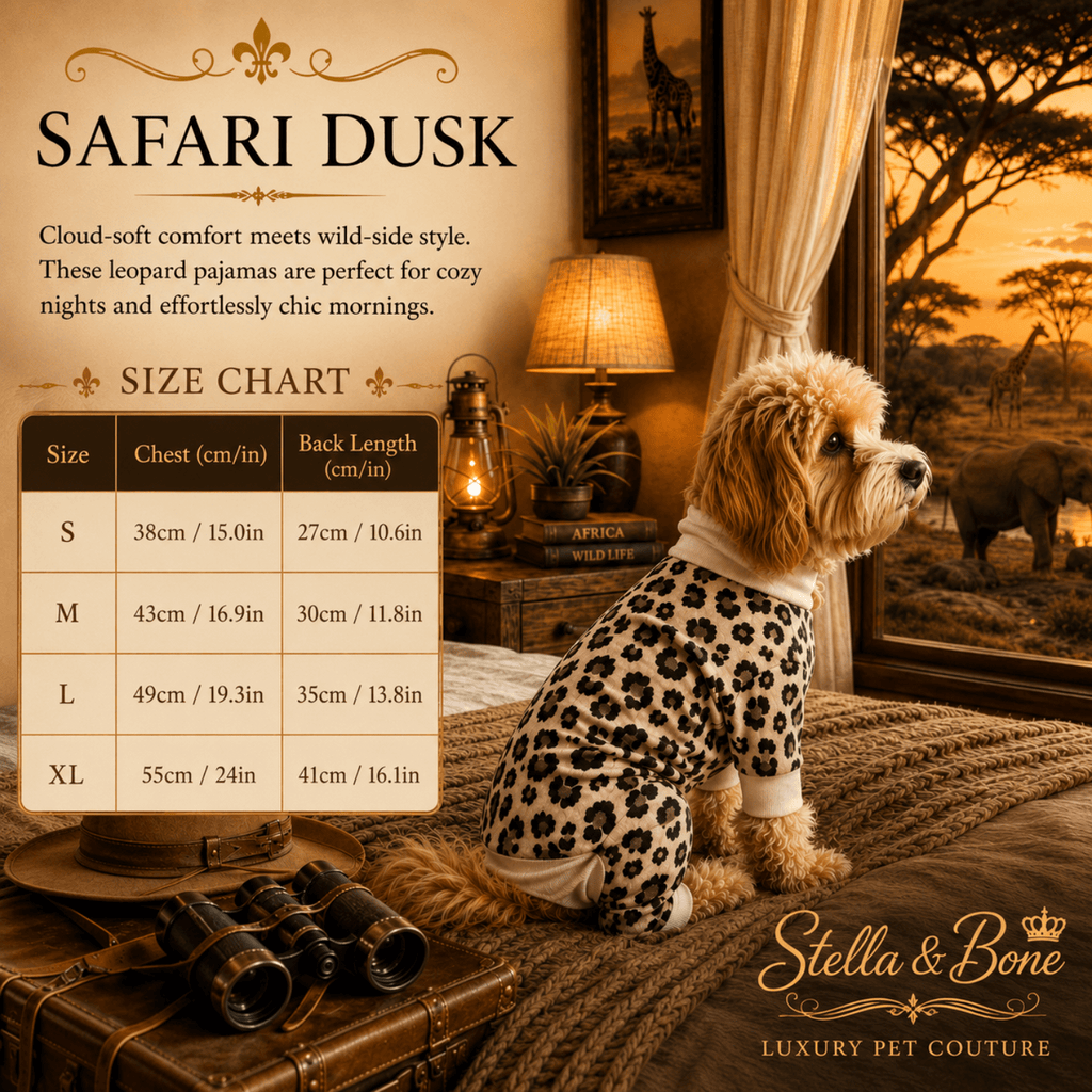 Size chart for Safari Dusk leopard print dog pajamas S to XL chest and back length measurements in cm and inches