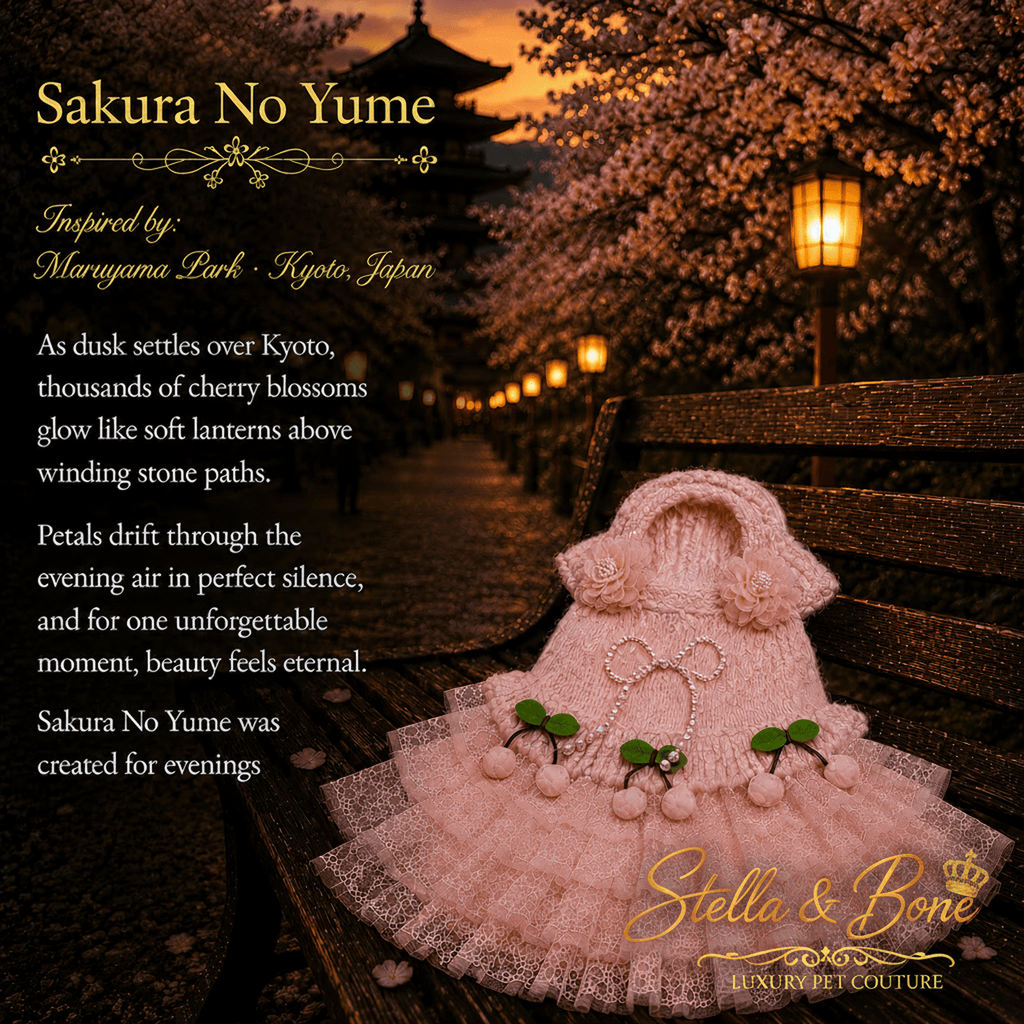 Sakura No Yume Cherry Blossom Knit Dress — pink knit ruffle pet dress with cherry charms on bench in Kyoto at sunset