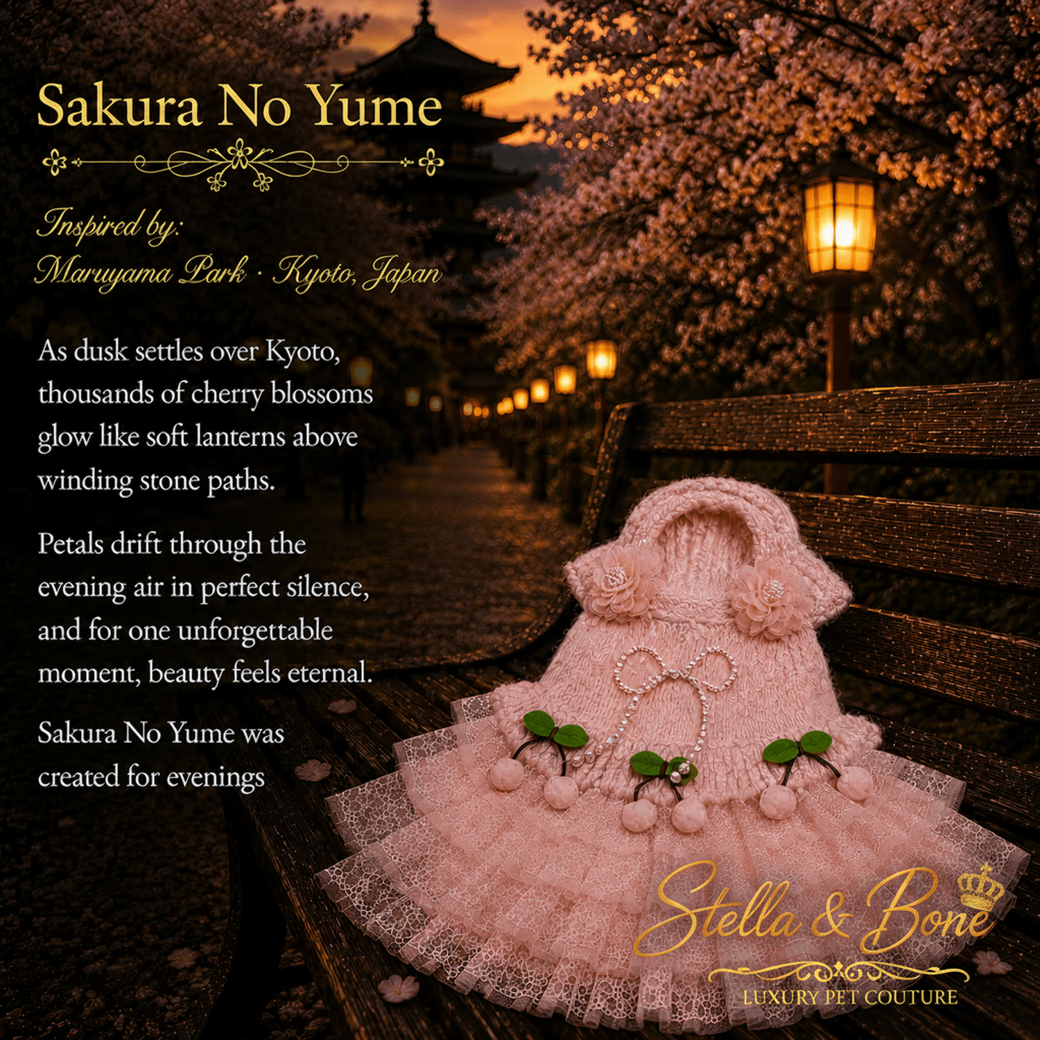 Sakura No Yume Cherry Blossom Knit Dress — pink knit ruffle pet dress with cherry charms on bench in Kyoto at sunset