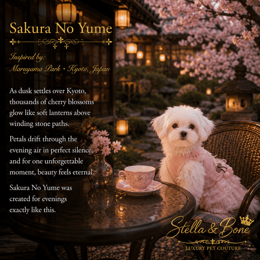 Sakura No Yume Cherry Blossom Knit Dress — Maltese in pink knit pet dress at Kyoto garden cafe table with cherry teacup