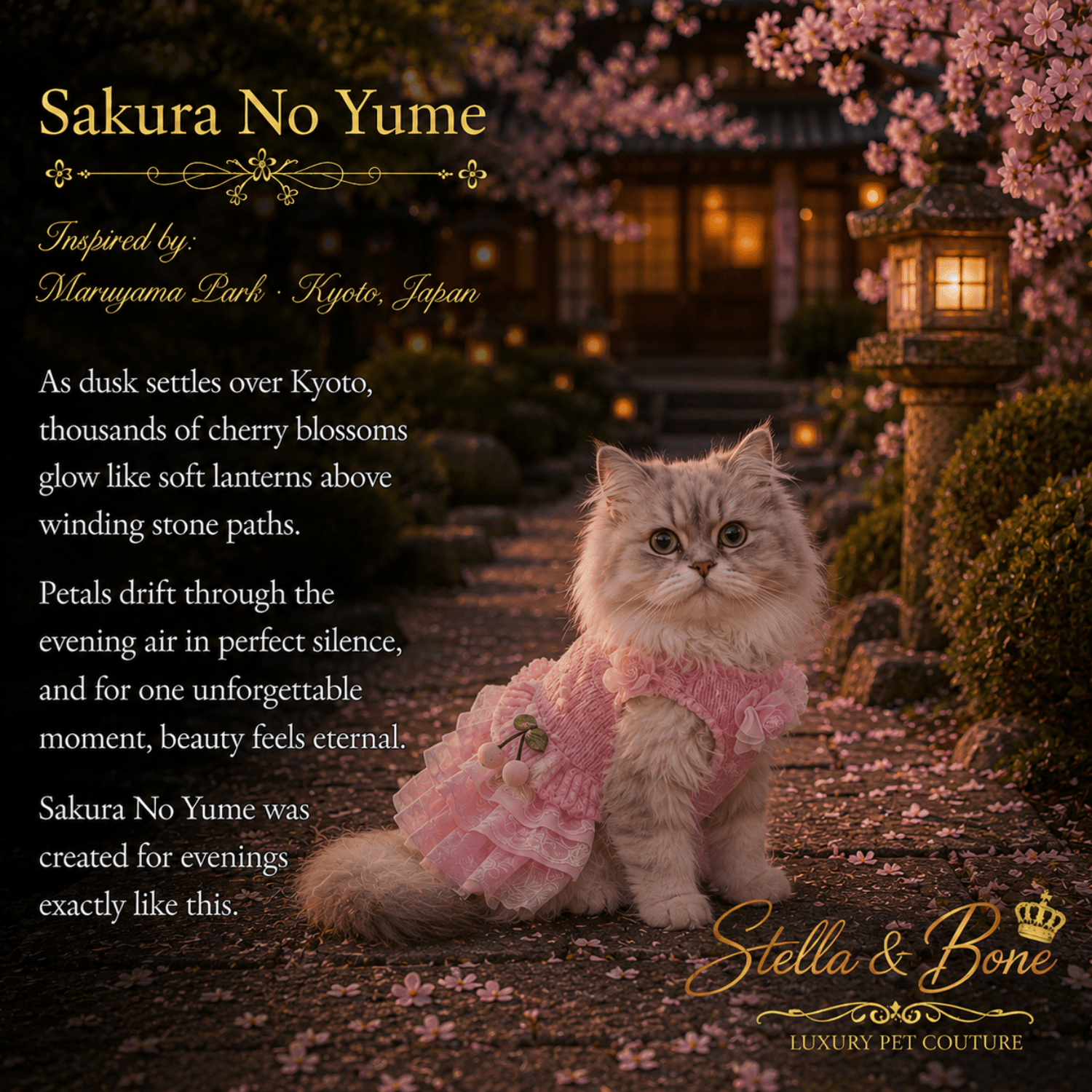 Sakura No Yume Cherry Blossom Knit Dress — Maltese in pink knit pet dress at Kyoto garden cafe table with cherry teacup