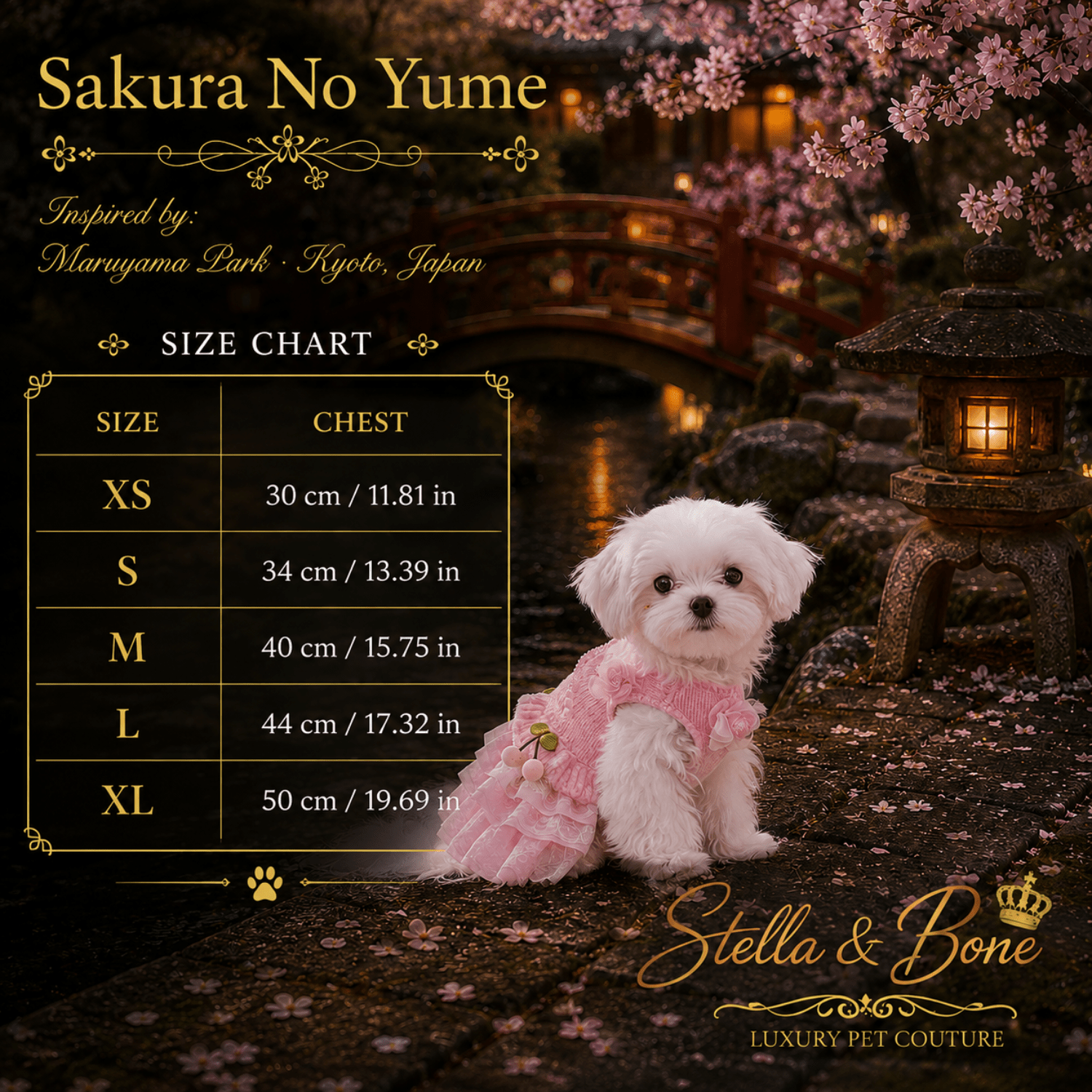Sakura No Yume Cherry Blossom Knit Dress — size chart XS to XL for pink cherry blossom knit pet dress by Stella and Bone