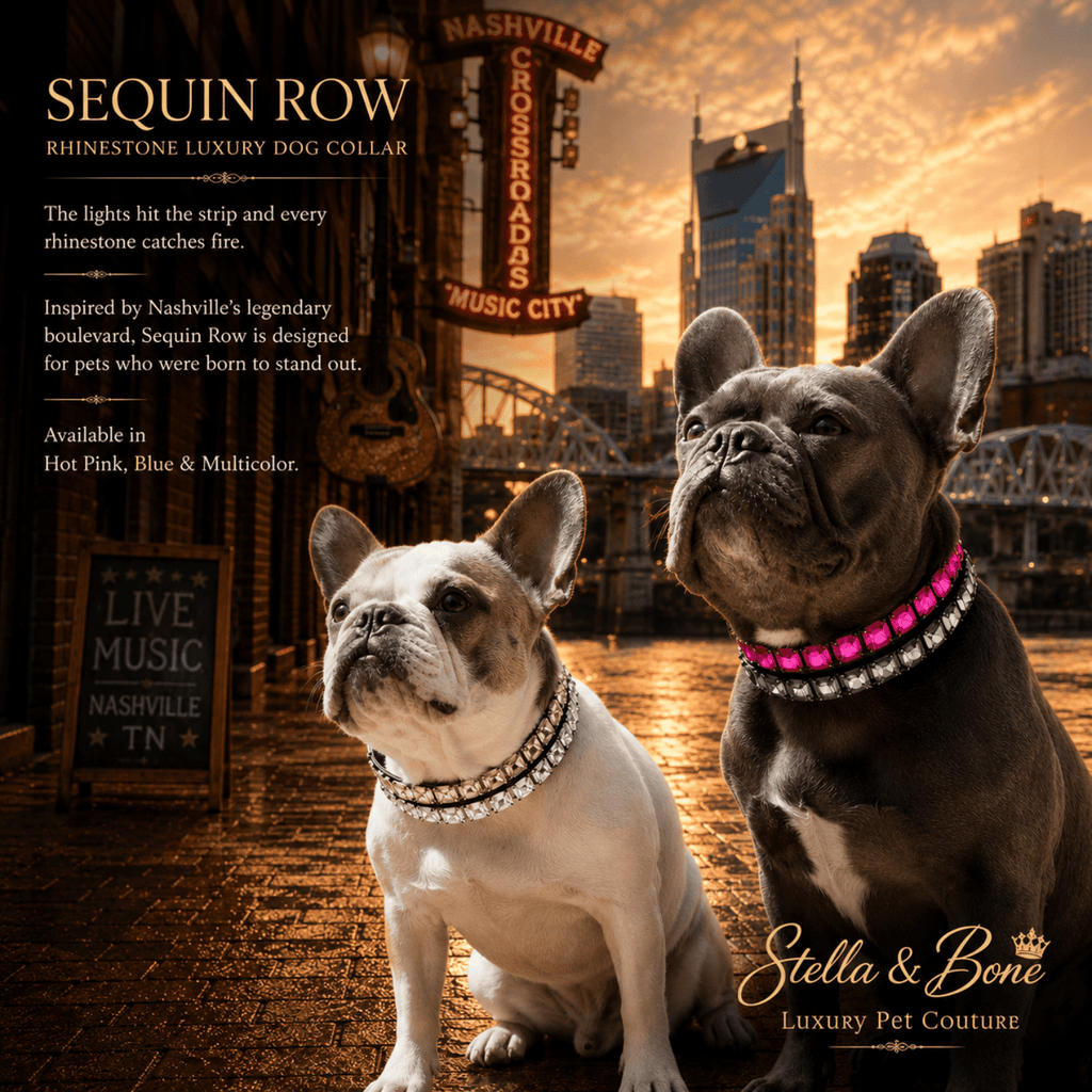 Two dogs wearing Sequin Row, rhinestone collars with a cityscape in Nashville. Great for fun evenings out.