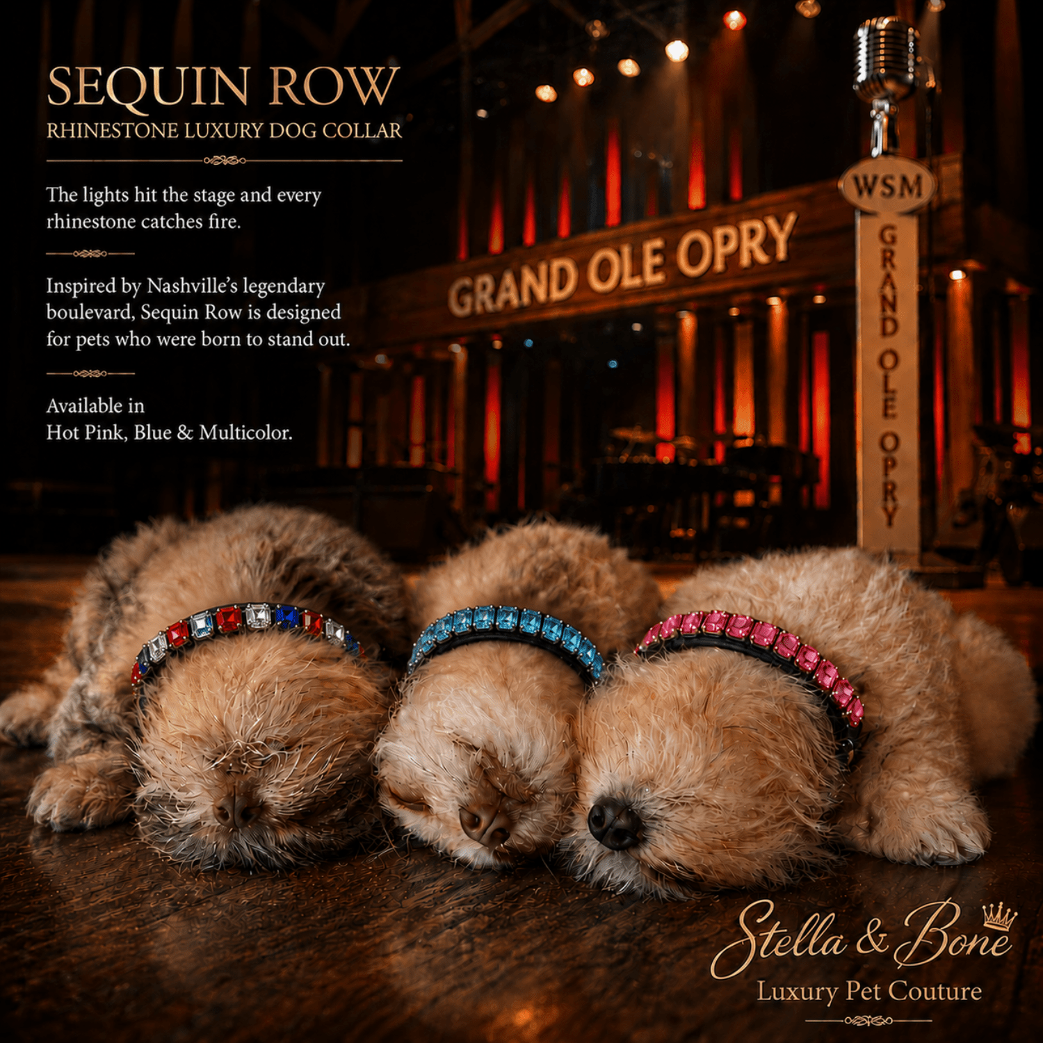 Three small fluffy dogs  wearing Sequin Row rhinestone dog collars in pink, blue, and multicolor. Lots of sparkle and bling