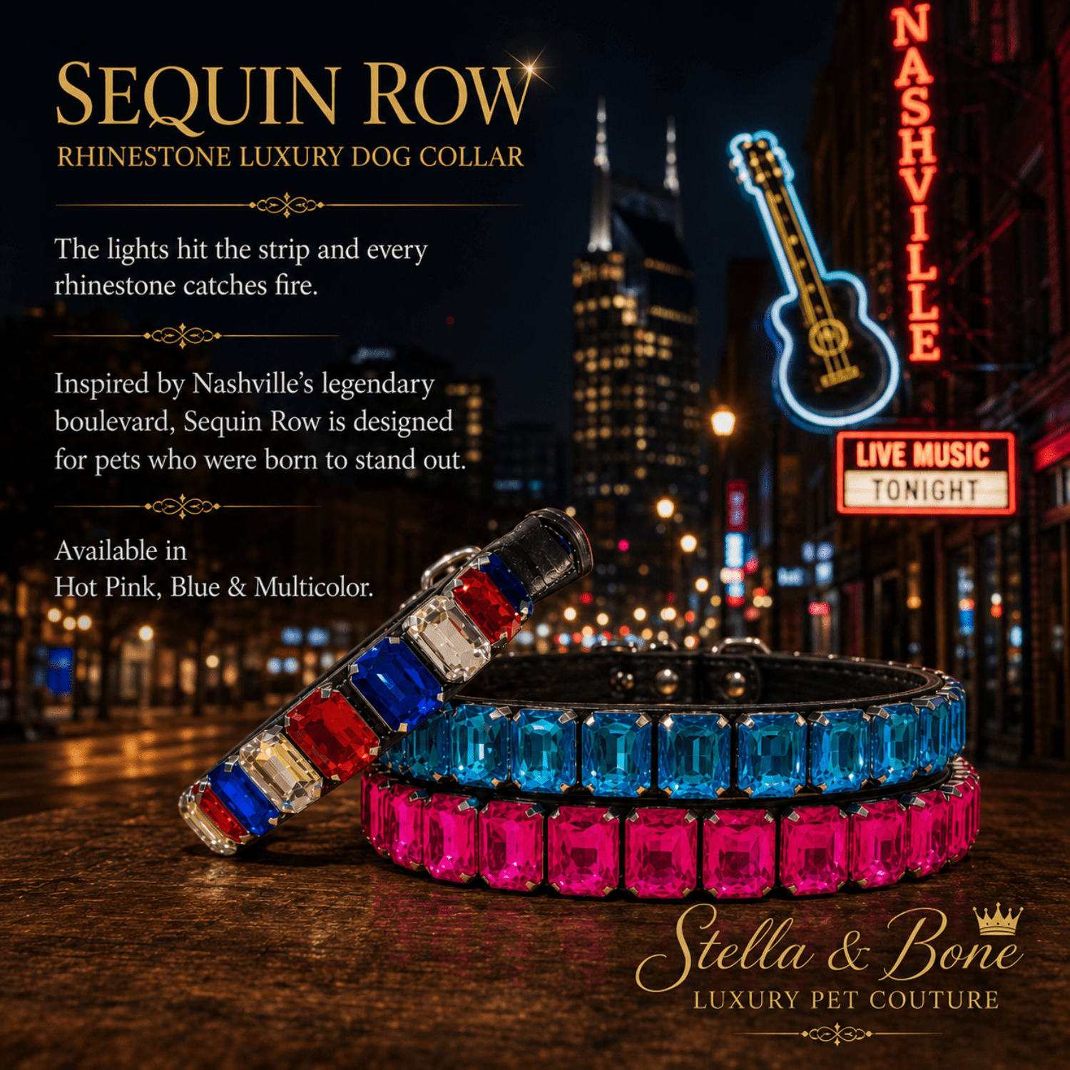 Three luxury crystal dog collars in assorted colors, Sequin Row. Bling dog collar, high-end dog glam, fun photoshoot