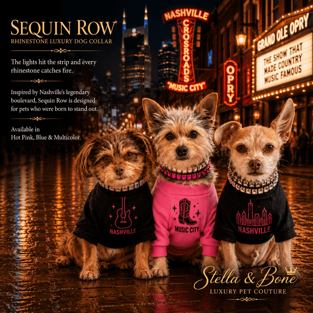 Three small dogs wearing Sequin Row, pet collars in Nashville. Great for a fun evening out with lots of sparkle