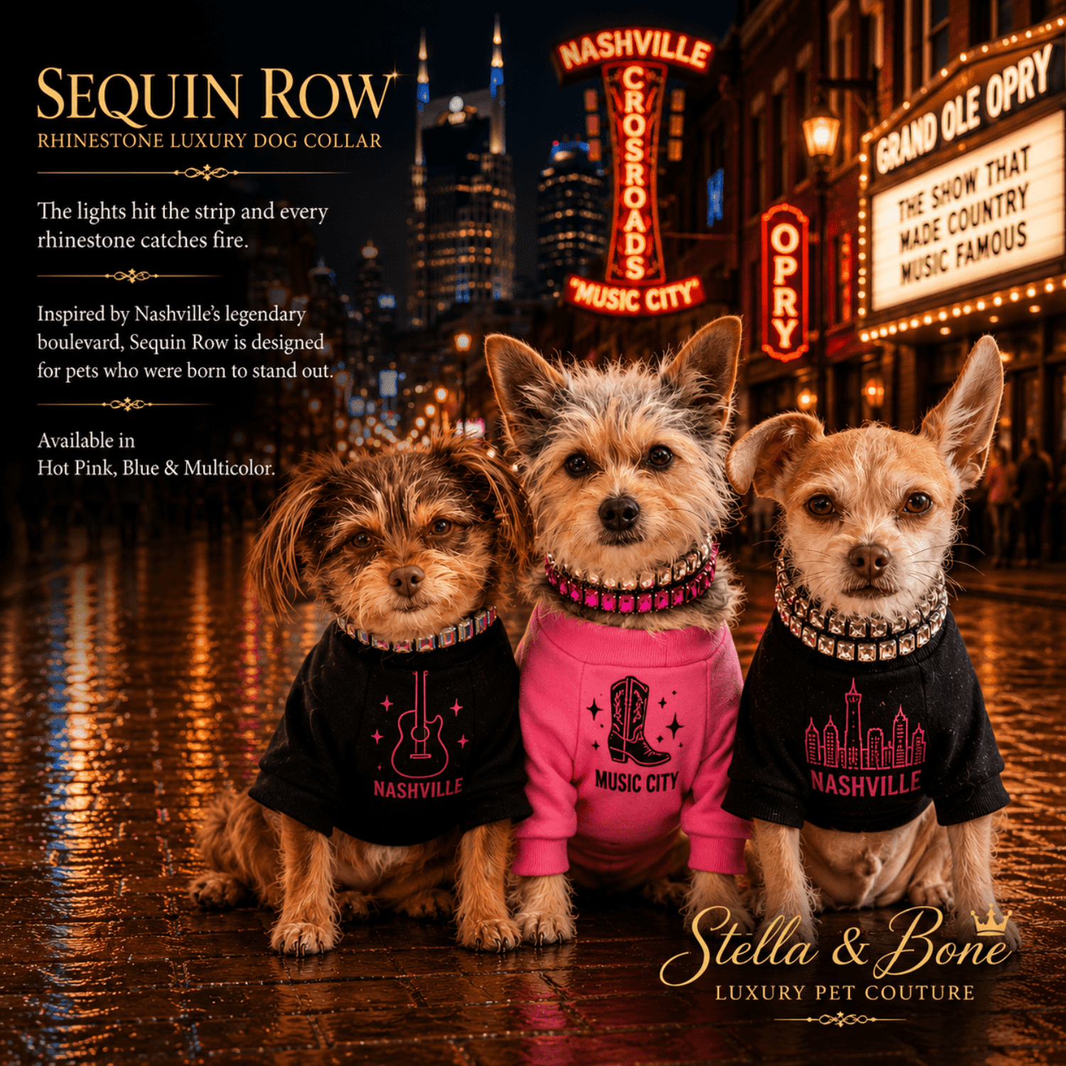 Three small dogs wearing Sequin Row, pet collars in Nashville. Great for a fun evening out with lots of sparkle