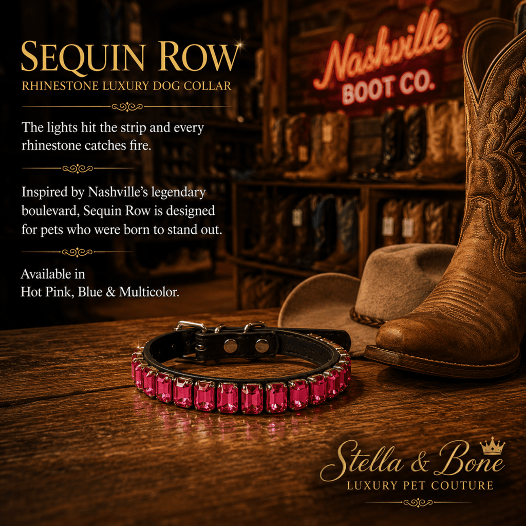 Sequin Row, black leather dog collar adorned with bright pink rhinestones, displayed on a rustic wooden table in Nashville