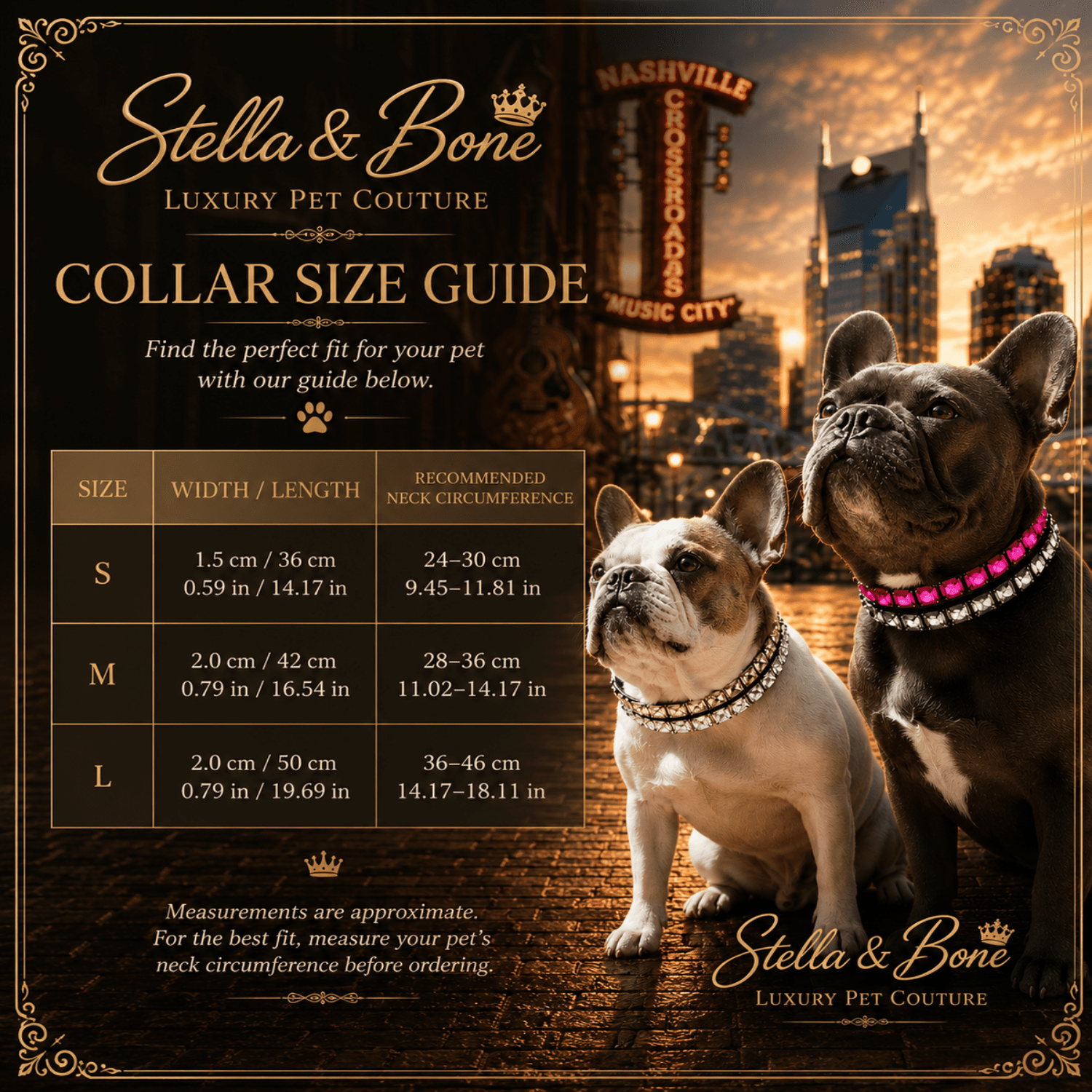 Sequin Row size chart for pet collar, multi colored rhinestones. Stella and Bone in Nashville.