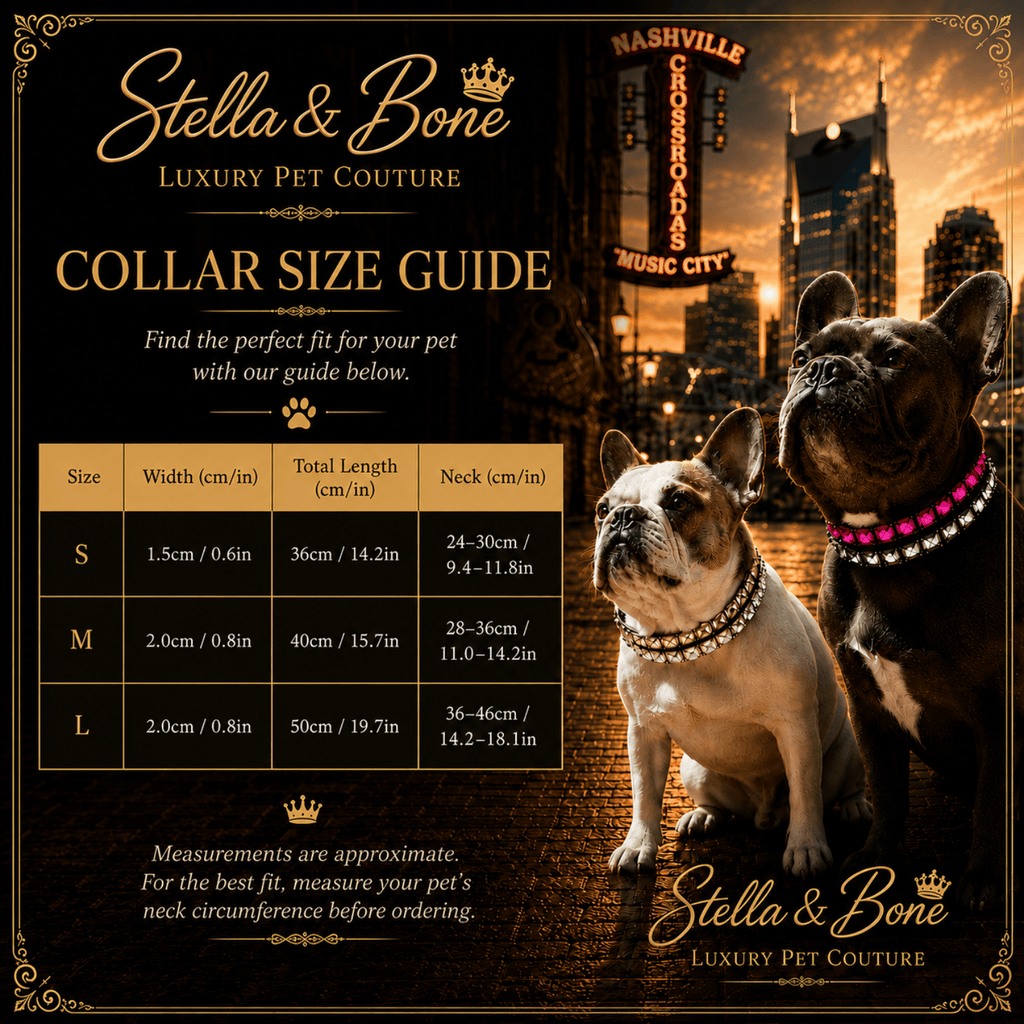 Size Chart for Sequin Row Dog Collar S-L. Rhinestone bling for your pet. Photoshoots, everyday glam