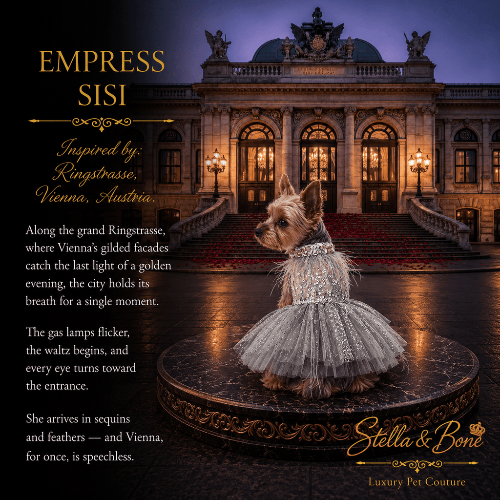 Small dog wearing Empress Sisi in Vienna, Austria. Bejeweled collar, sequined gown. Luxury Pet Couture.