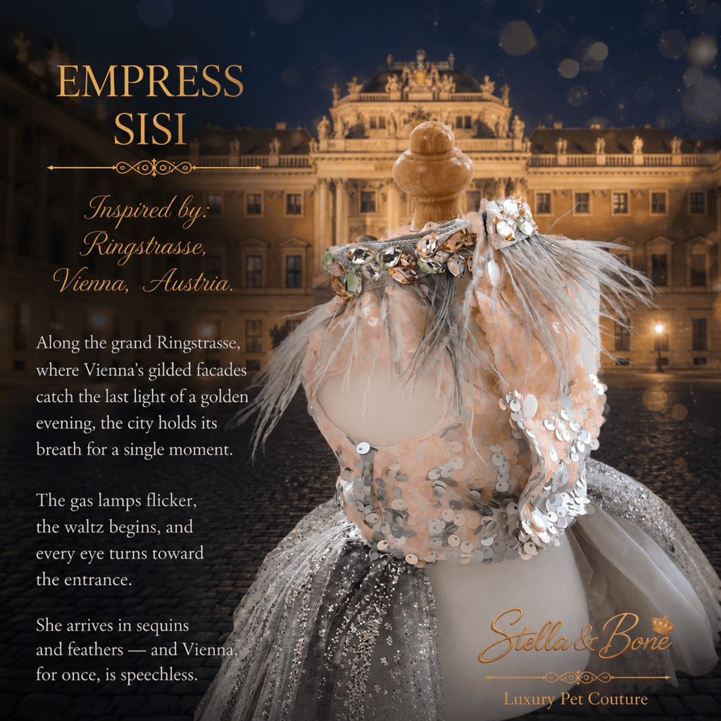 Back of the Empress Sisi gown, bejeweled feather collar, with sequin sparkles. Curated by Stella and Bone, Luxury Couture.