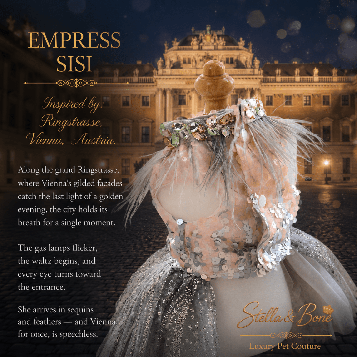 Back of the Empress Sisi gown, bejeweled feather collar, with sequin sparkles. Curated by Stella and Bone, Luxury Couture.