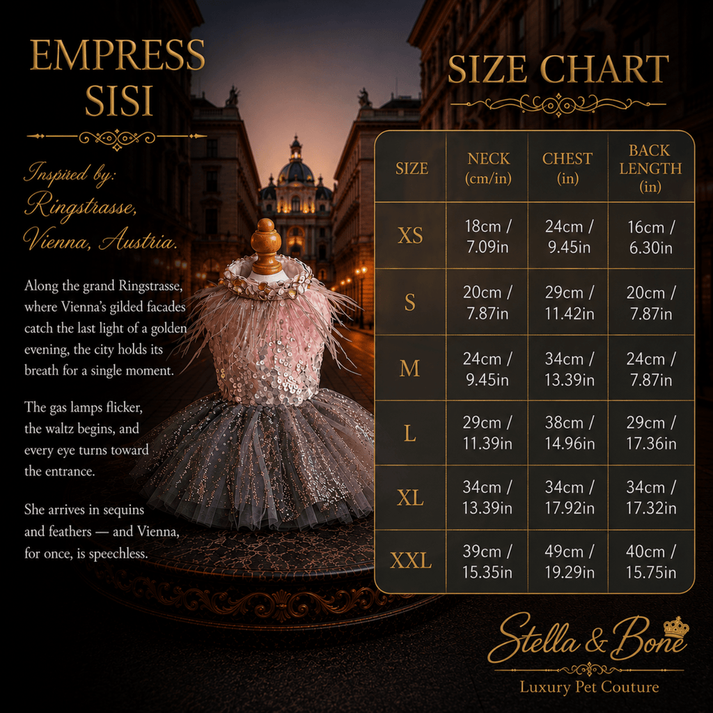 Empress Sisi dog size chart with a beautiful background of Vienna, Austria. Curated by Stella & Bone