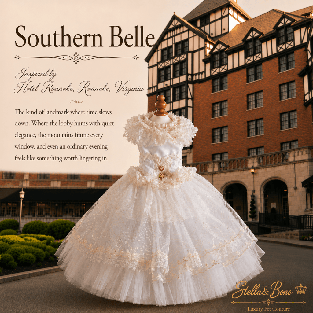 Southern Belle a Victorian luxury dog wedding gown with tulle skirt in front of Hotel Roanoke in Roanoke, Virginia.