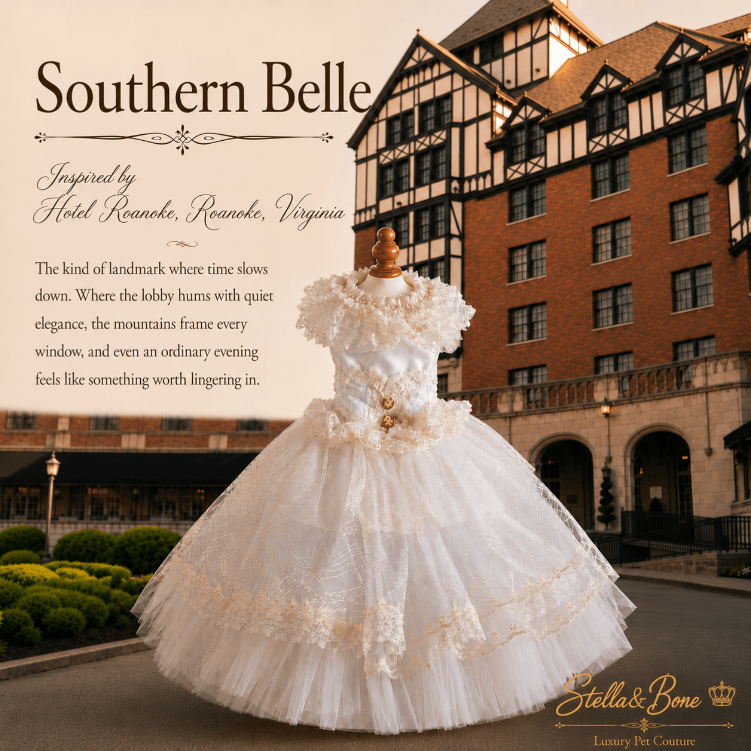 Southern Belle a Victorian luxury dog wedding gown with tulle skirt in front of Hotel Roanoke in Roanoke, Virginia.