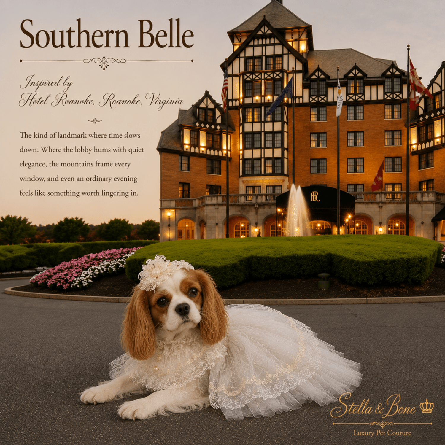 A King Charles Cavalier wearing Southern Belle, a Victorian wedding gown in front of Hotel Roanoke, Roanoke, Virginia.