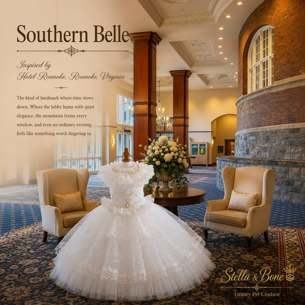 Southern Belle,  Victorian Luxury White Dog Wedding Gown in Hotel Roanoke, Virginia. Curated by Stella and Bone