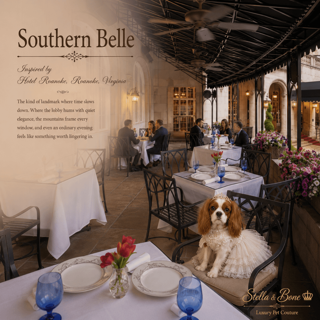 A King Charles Cavalier wearing Southern Belle in the Pine Room at Hotel Roanoke, Roanoke, Virginia. Stella and Bone