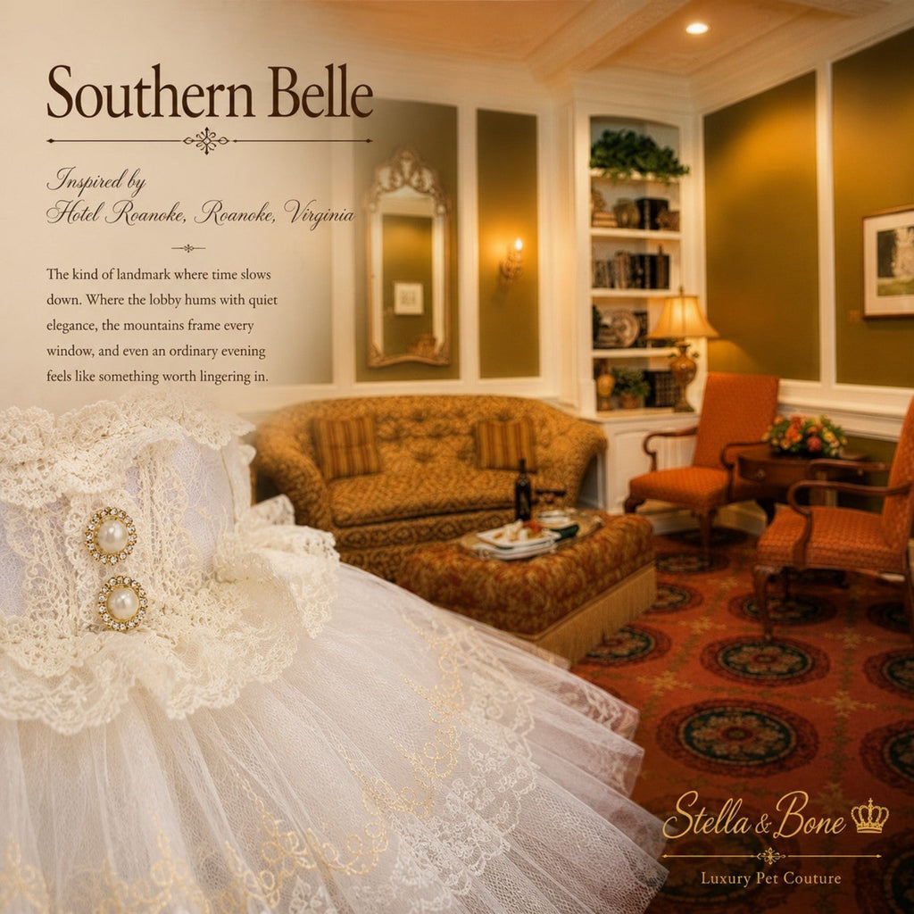 Southern Belle, Victorian luxury dog wedding gown featured at Hotel Roanoke, Roanoke, Virginia. Great for bridal photoshoots