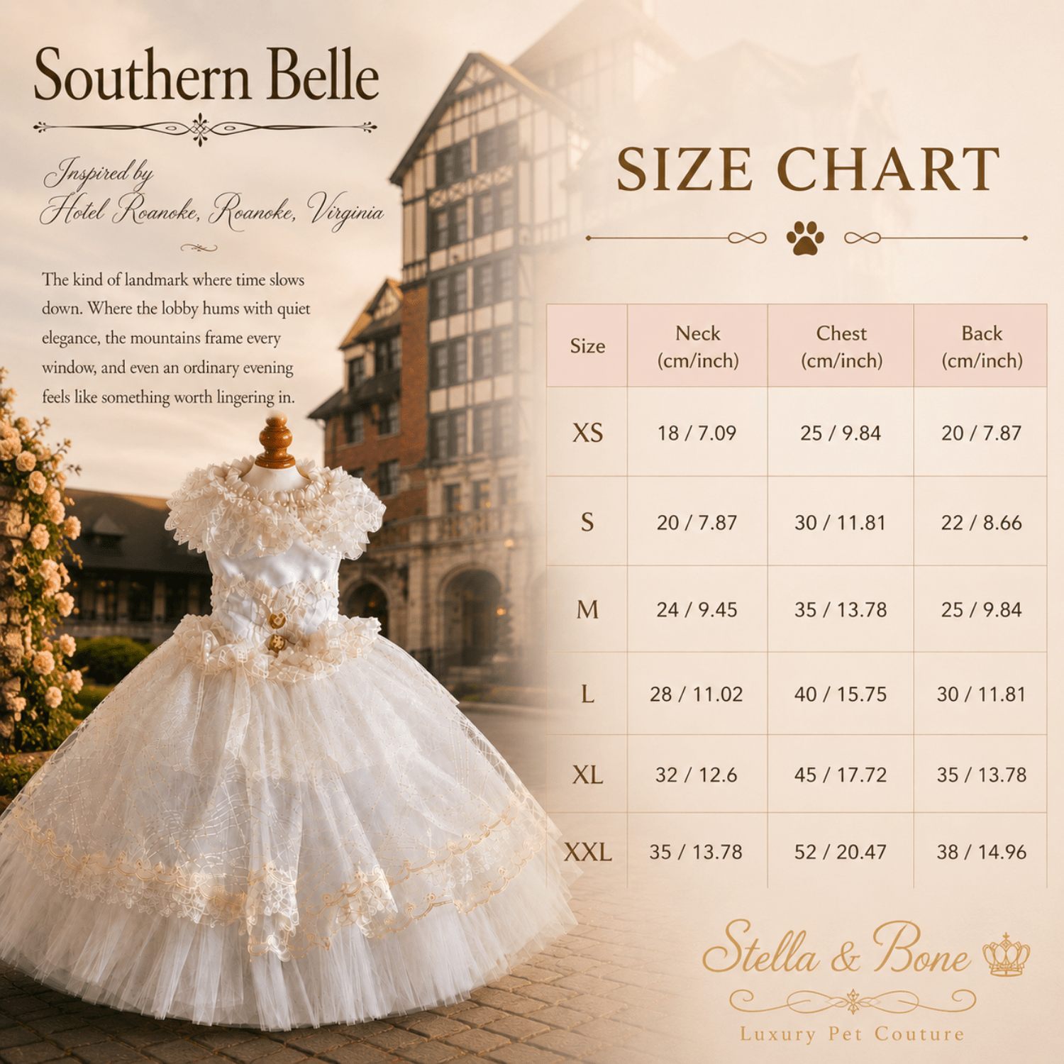 Size chart for Southern Belle, a Victorian Luxury White Dog Wedding Gown. Curated by Stella and Bone