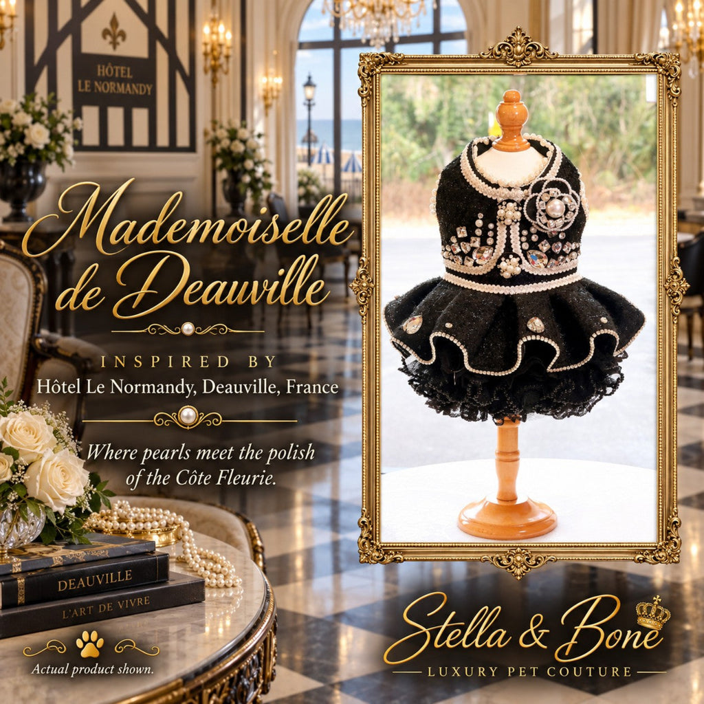 Mademoiselle de Deauville luxury black tweed dog dress featuring pearl and rhinestone embellishments.
