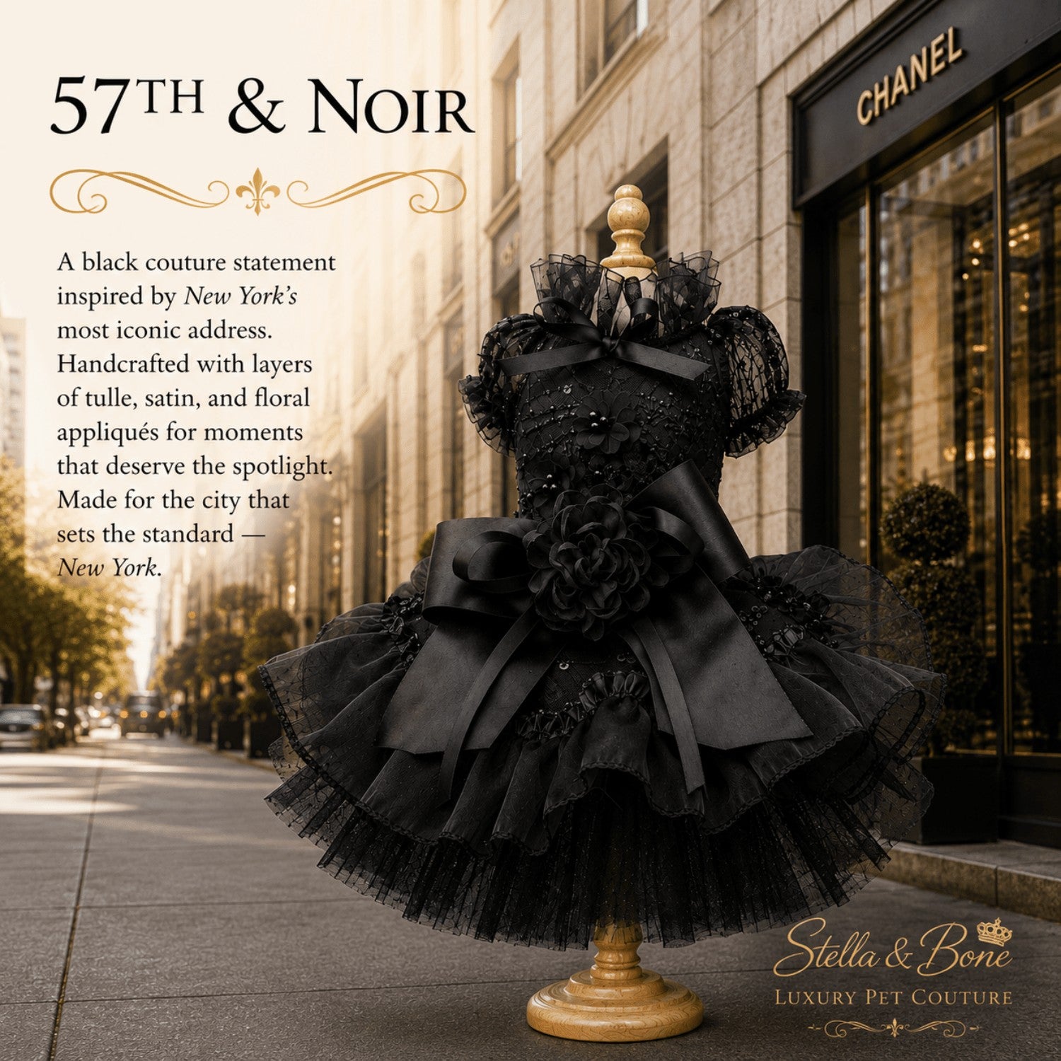 57th & Noir luxury black dog dress on a mannequin, featuring designer pet couture displayed outside a luxury boutique.