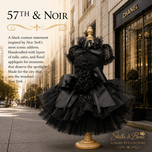 57th & Noir luxury black dog dress on a mannequin, featuring designer pet couture displayed outside a luxury boutique.