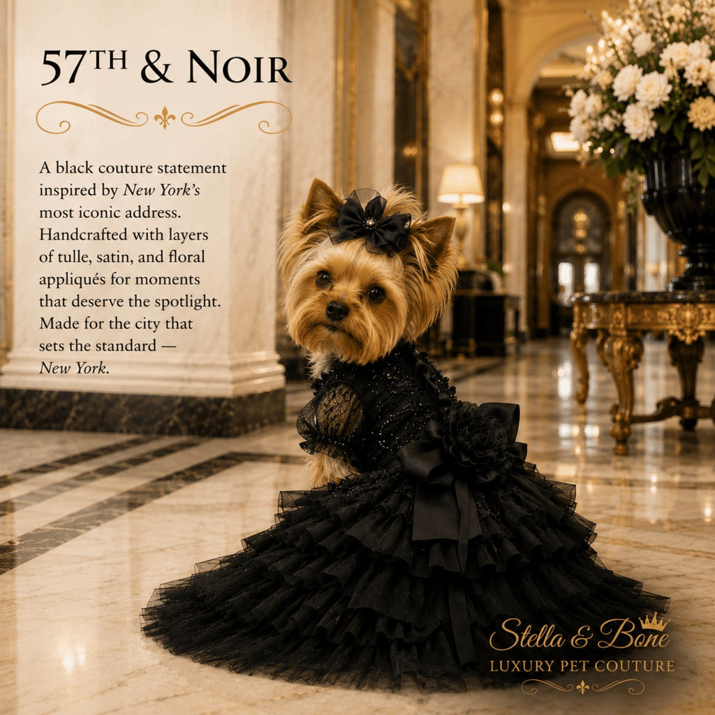 Yorkie wearing 57th & Noir, black designer dress with tulle without the train. 