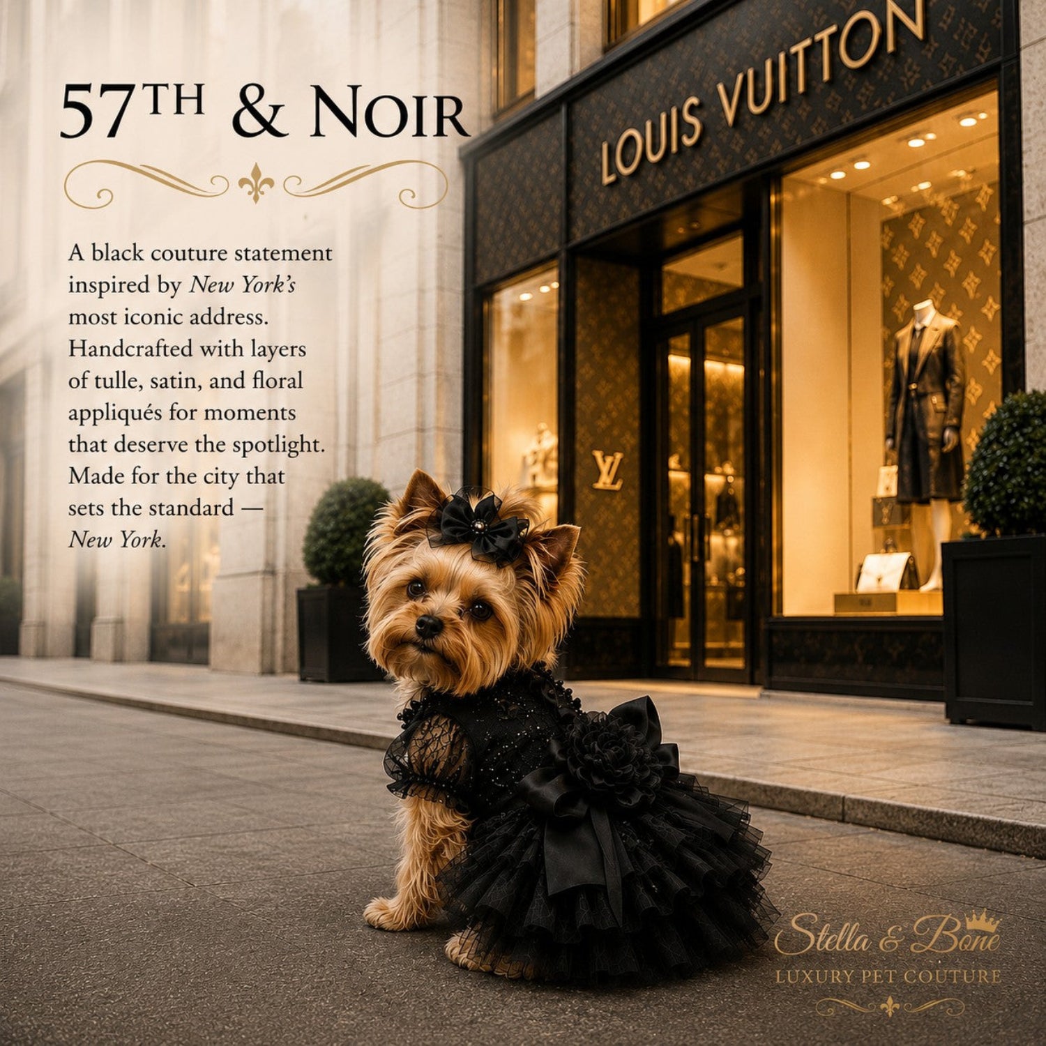 57th & Noir luxury black dog dress on a Yorkie, featuring designer pet couture outside a premium city storefront.