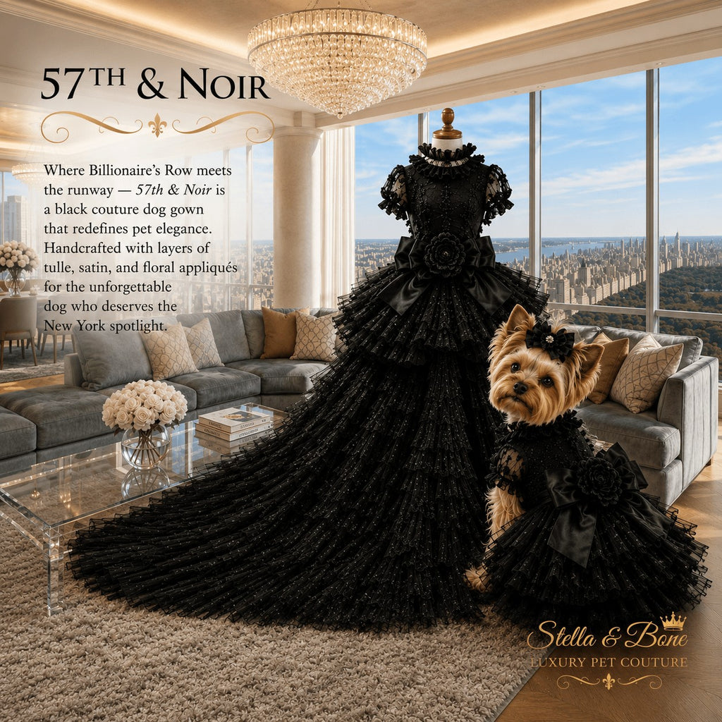 57th & Noir luxury black dog gown on a Yorkie model, featuring designer pet couture in a New York penthouse setting.