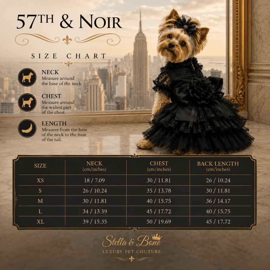 57th & Noir luxury black dog gown size chart, featuring premium handcrafted tulle and satin pet apparel details. Customization