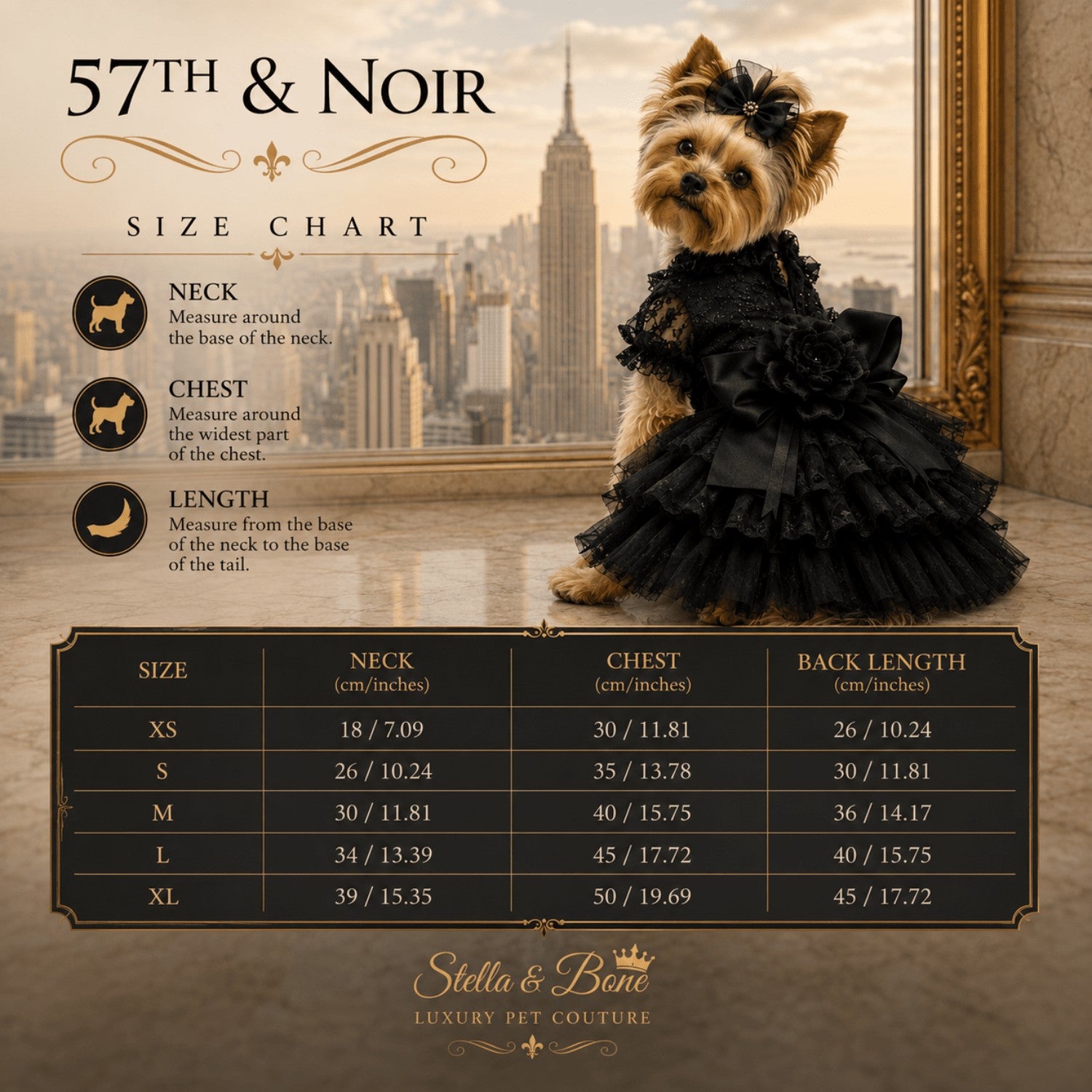 57th & Noir luxury black dog gown size chart, featuring premium handcrafted tulle and satin pet apparel details. Customization